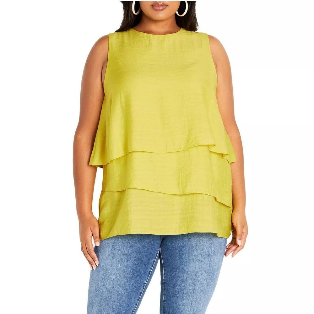 City Chic Tiered Overlay Briella Top Sleeveless Lush Lime Plus Size 22 (XL) New